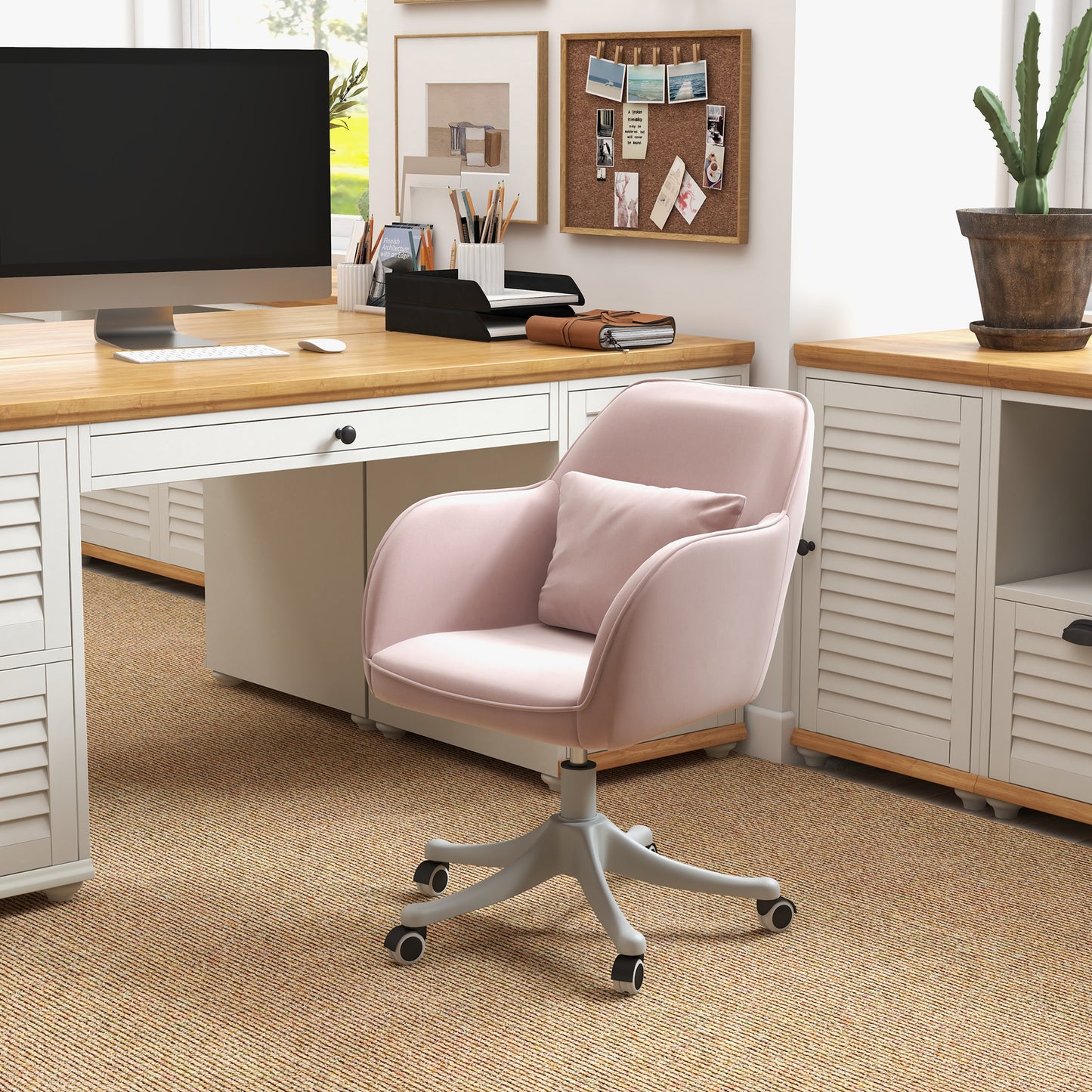 Velvet Office Chair, Desk Chair, Makeup Vanity Chair with Massage Lumbar Pillow and Rolling Wheels for Bedroom and Home, Pink
