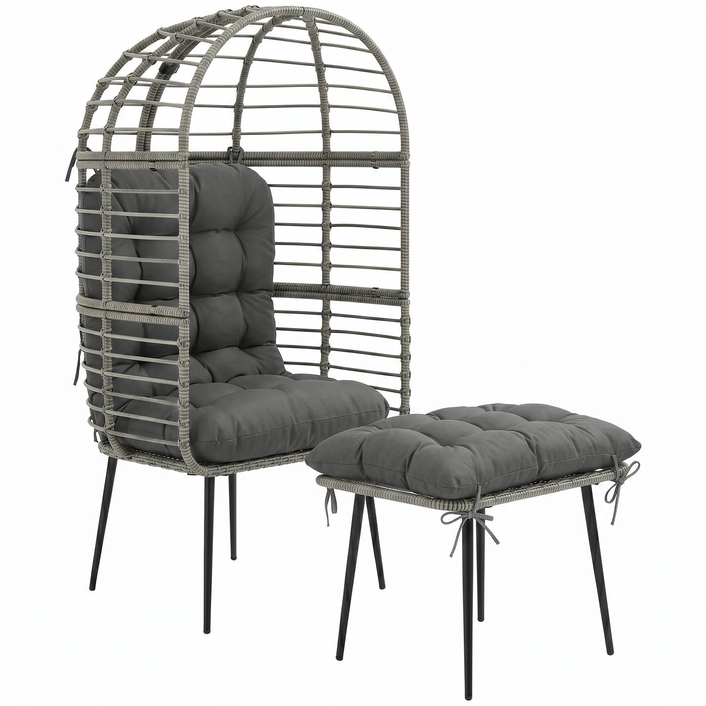 Garden Egg Chair with Footstool, Rattan Indoor Outdoor Lounge Chair and Ottoman Set with Thick Cushions, Light Grey