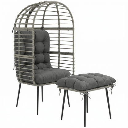 Garden Egg Chair with Footstool, Rattan Indoor Outdoor Lounge Chair and Ottoman Set with Thick Cushions, Light Grey