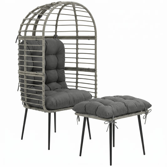 Garden Egg Chair with Footstool, Rattan Indoor Outdoor Lounge Chair and Ottoman Set with Thick Cushions, Light Grey