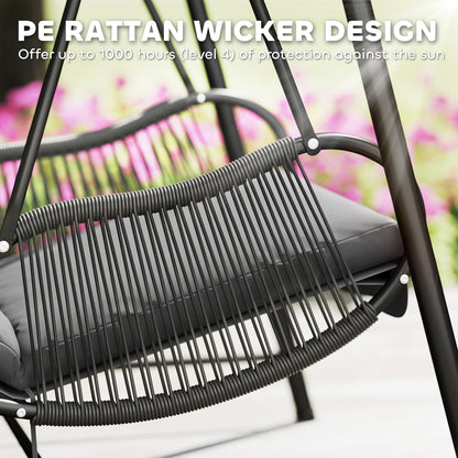 Rattan Swing Chair, Outdoor Garden Hanging Swing Seat with Stand and Seat Cushion, Porch Hanging Chair for Balcony, Garden