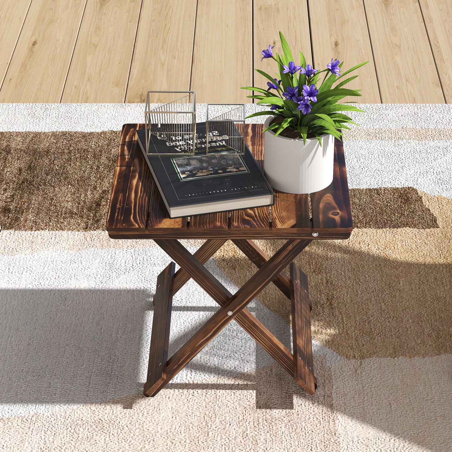 Fir Wood Folding Coffee Table, Lightweight Small Garden Table with Slatted Top, Portable Folding Side Table for Balcony