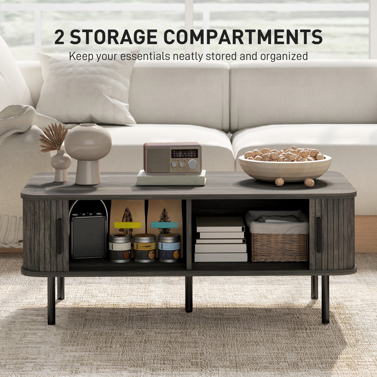 Coffee Table with Storage, Living Room Table with Slatted Tambour Sliding Doors and Adjustable Foot Pads