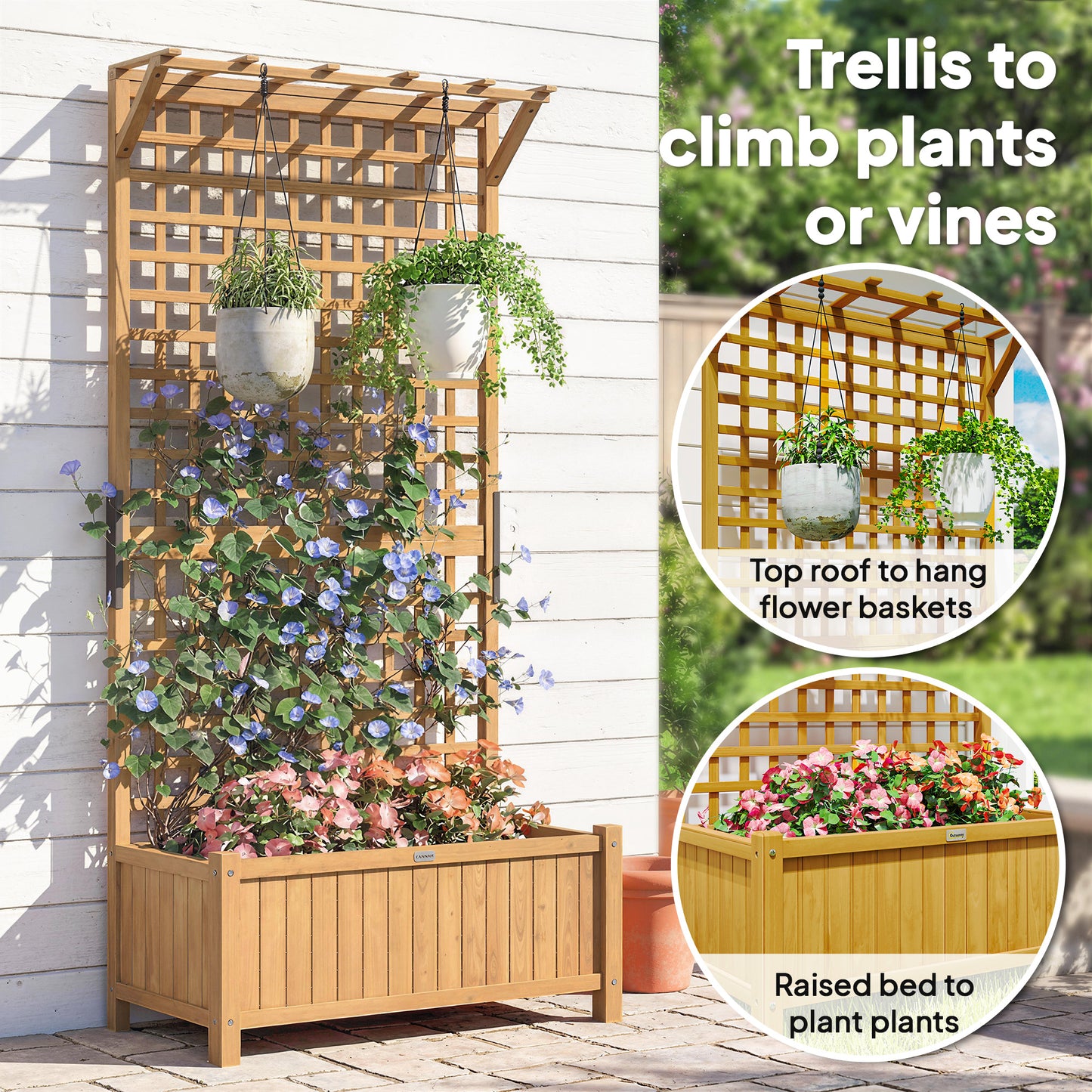Raised Bed with Drainage Holes, Wood Planter with Trellis for Climbing Plants to Grow Vegetables, Flowers, Yellow
