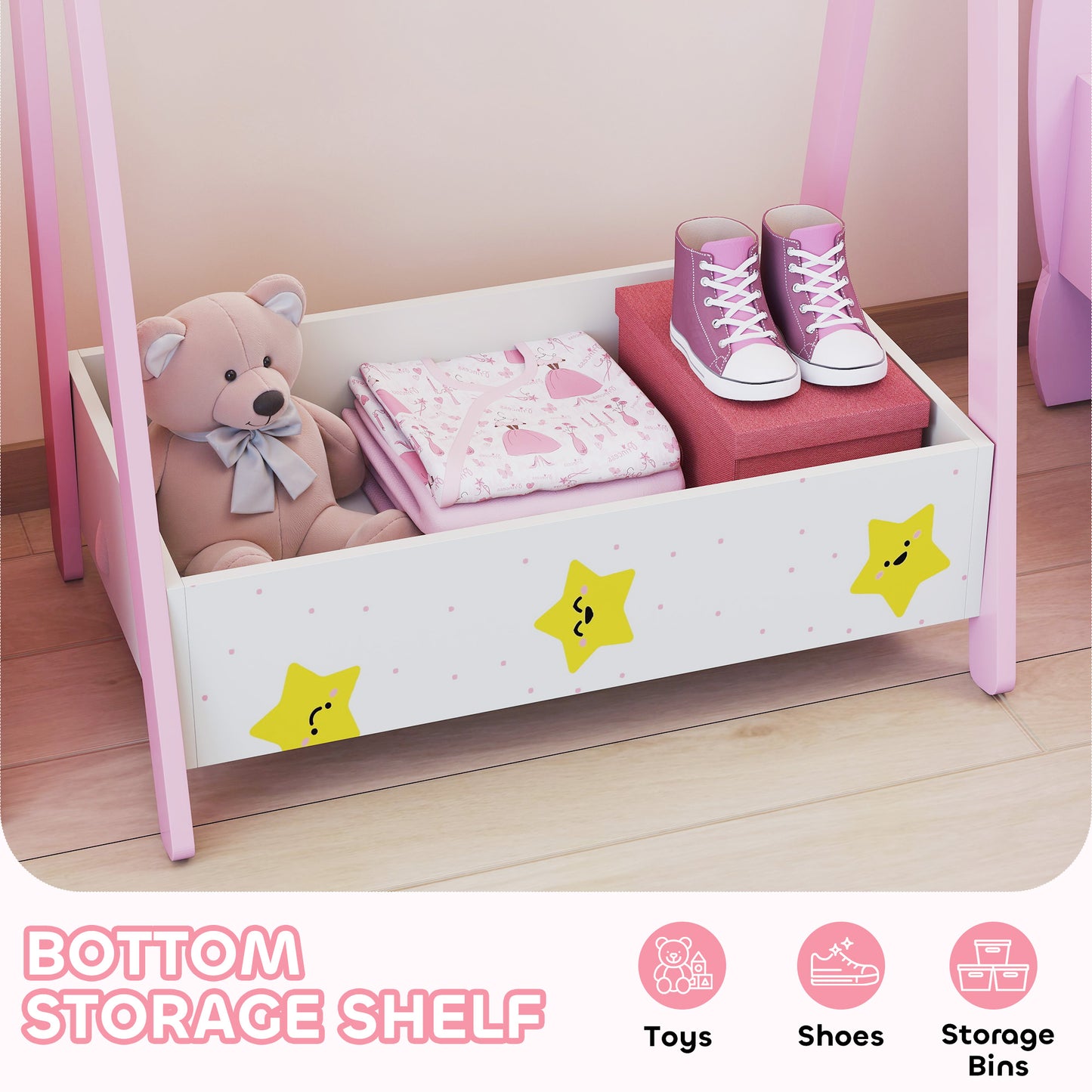 Baby Clothing Rack with Hangers, Storage Shelf for Bedroom, Star Theme, for Ages 3-6, Pink