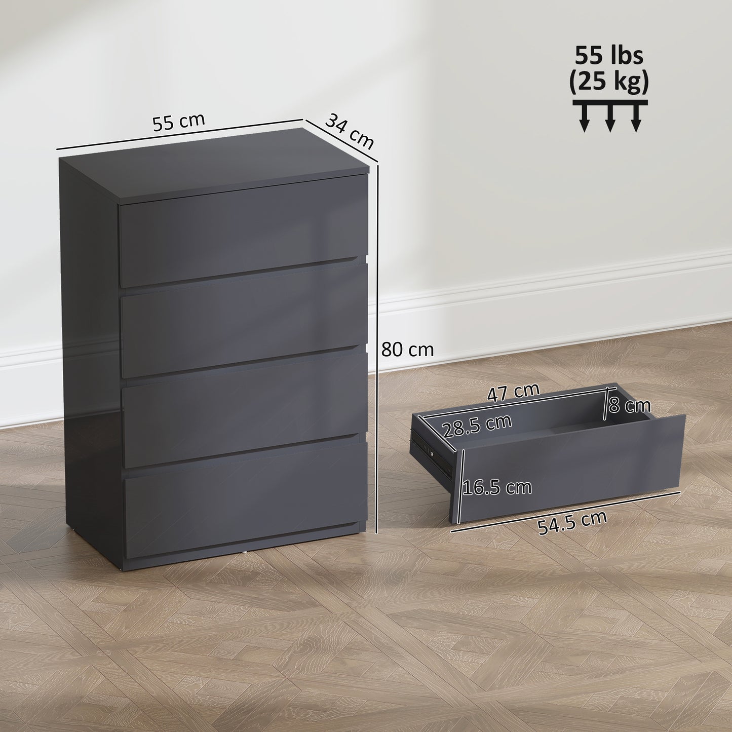 High Gloss Chest of Drawers, 4-Drawer Storage Cabinets, Modern Dresser for Bedroom, Grey