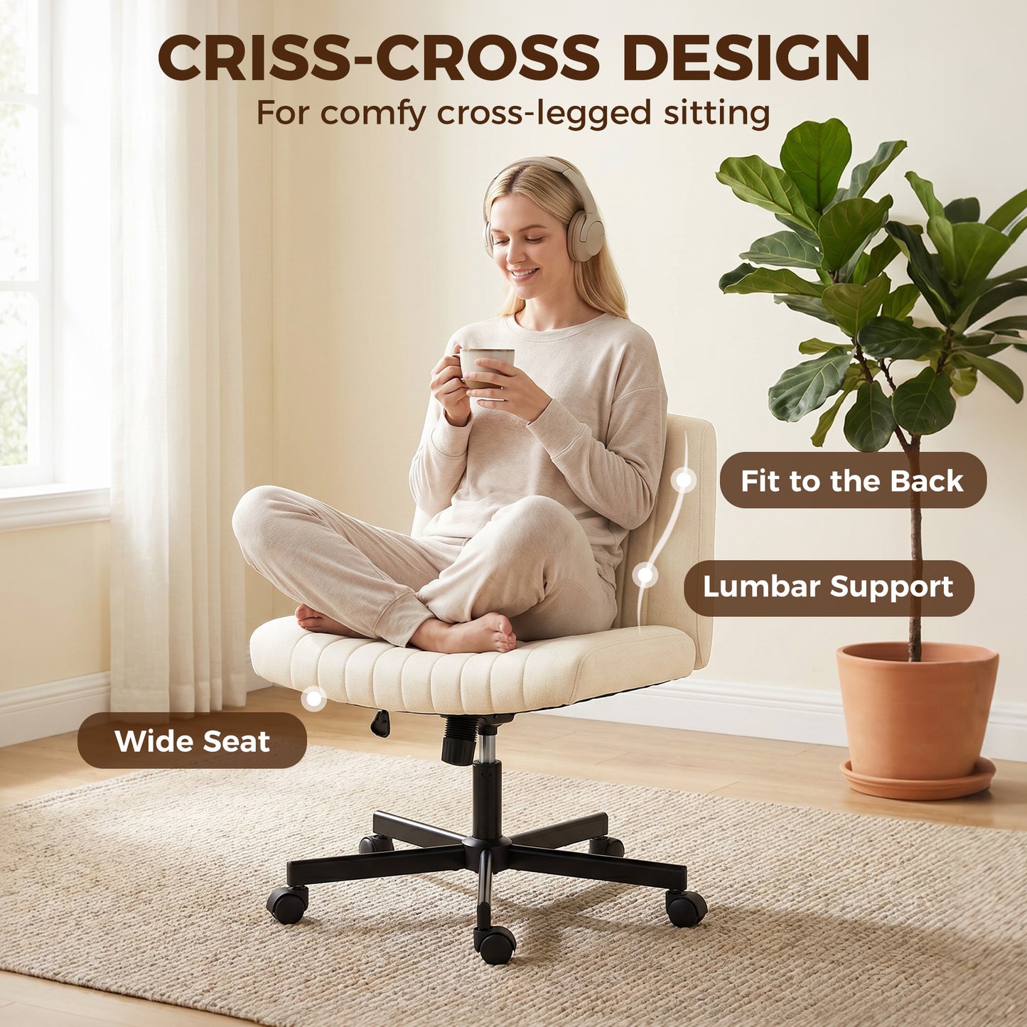 Imitation Linen Criss Cross Legged Desk Chair, Armless Office Chair with Wheels, Green
