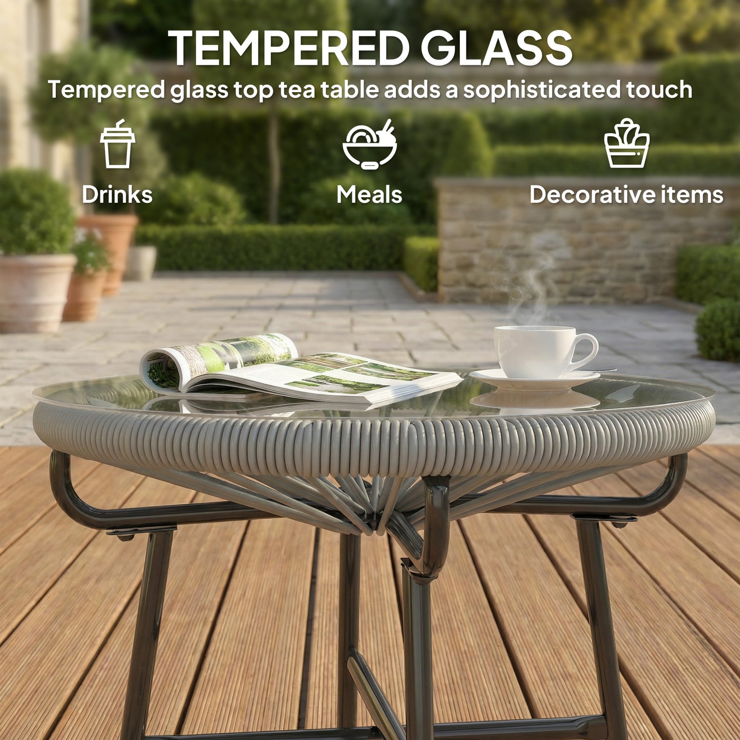Rattan Side Table, Round Outdoor Coffee Table, with Round PE Rattan and Tempered Glass Tabletop, Light Grey