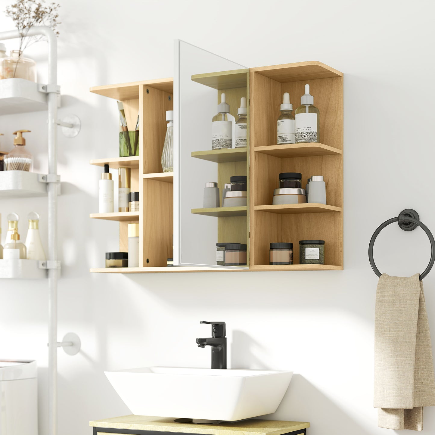 Bathroom Mirror Cabinet with Open Storage Shelves - Natural Wood Finish