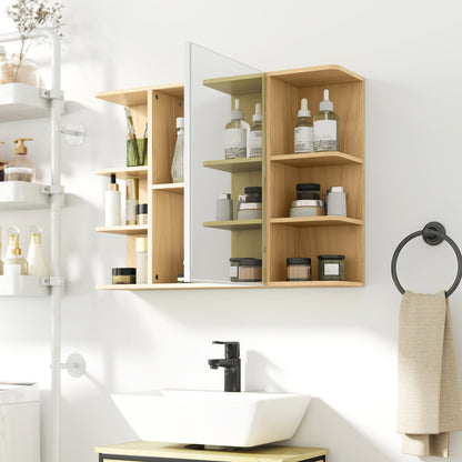 Bathroom Mirror Cabinet with Open Storage Shelves - Natural Wood Finish