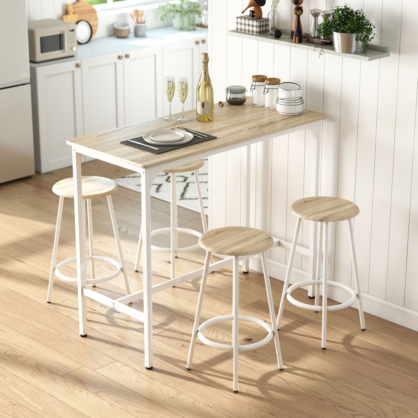 5 Piece Bar Table Set for 4 with Stools, Metal Frame, Footrest for Kitchen Natural Wood