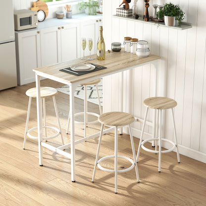 5 Piece Bar Table Set for 4 with Stools, Metal Frame, Footrest for Kitchen Natural Wood