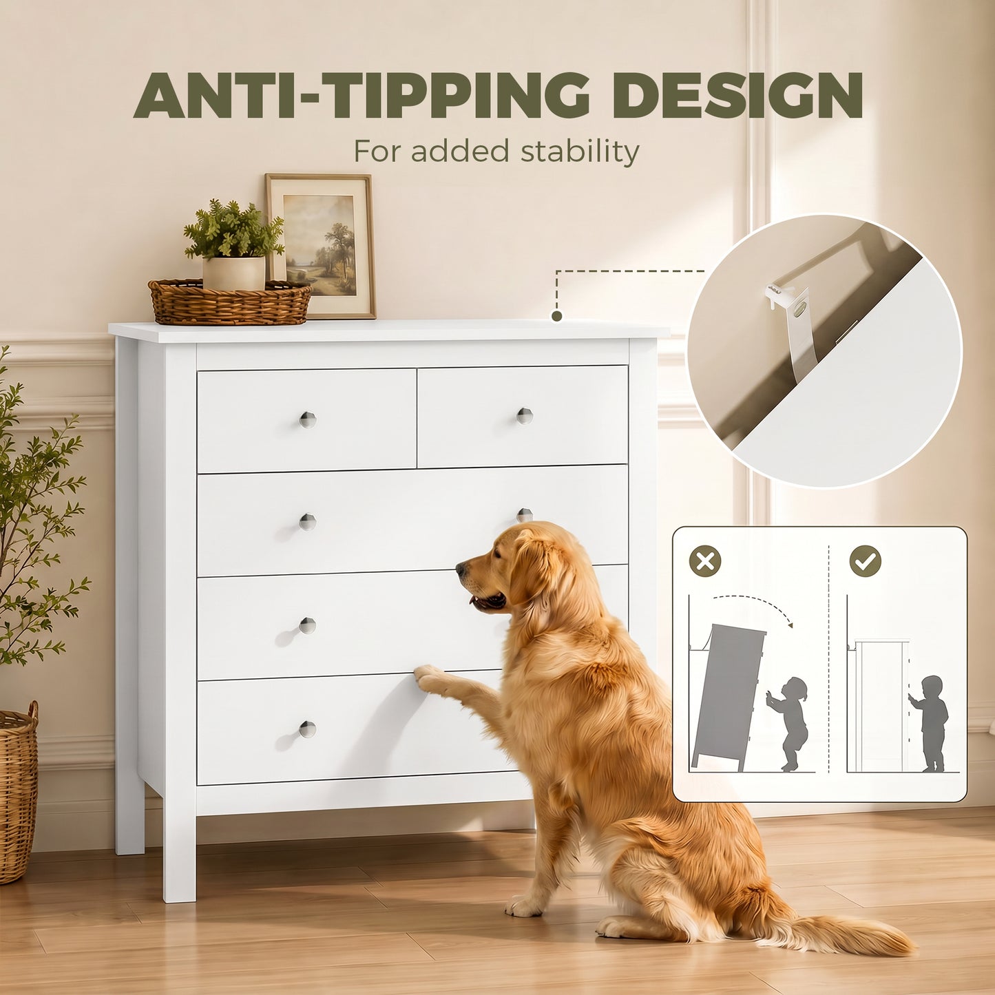5 Drawer Chest of Drawers, Modern Dresser for Bedroom, Bedside Storage Cabinet