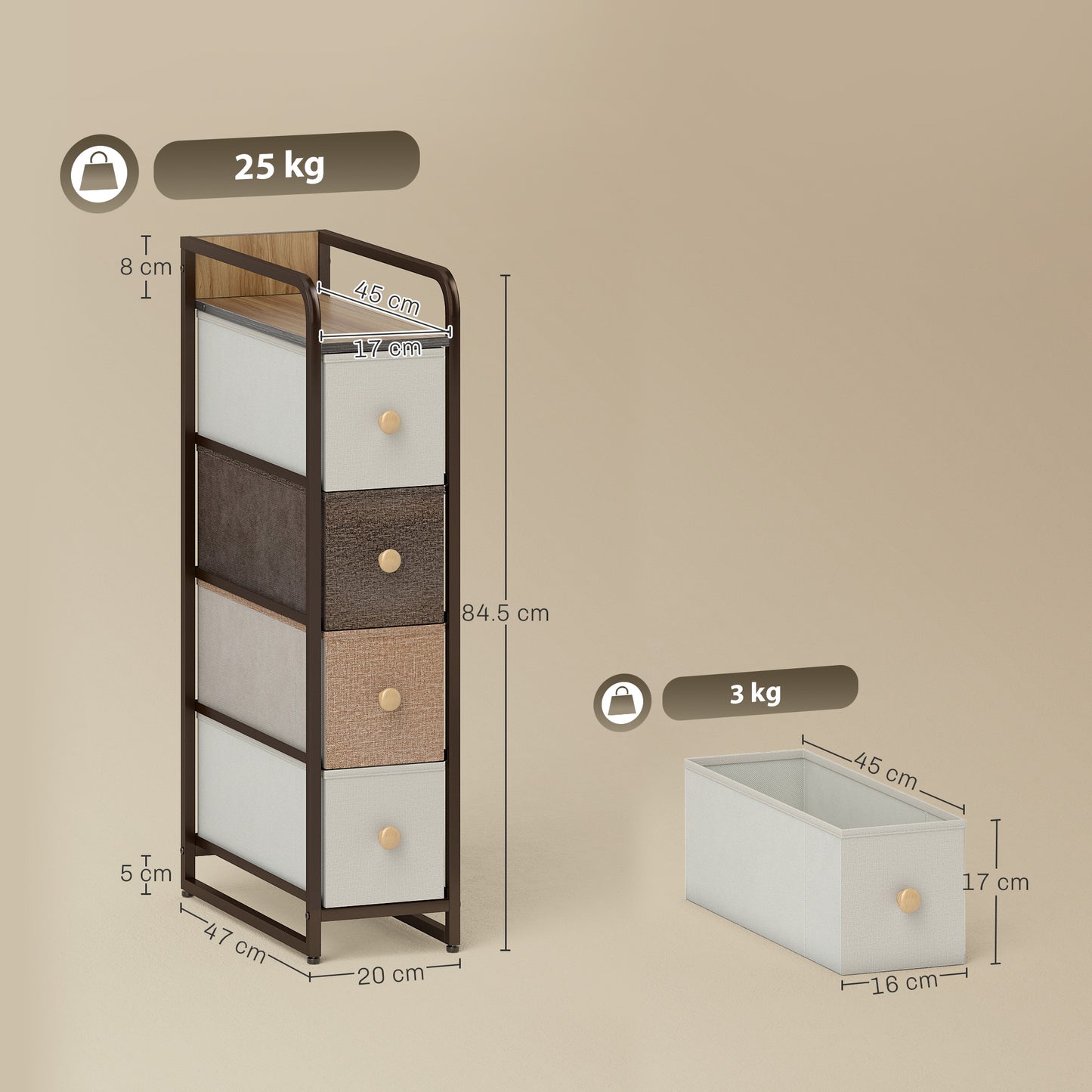 4-Drawer Storage Organiser Unit, Chest of Drawers with Steel Frame for Bedroom, Living Room, Mixed-Brown