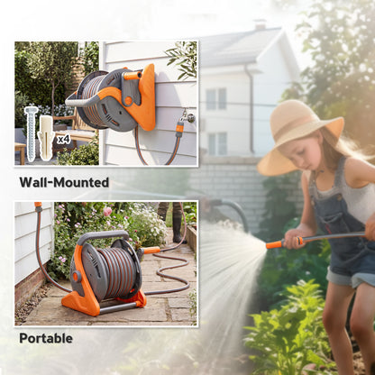 Portable Garden Hose Reel, 20+2 m Wall Mounted Hose Reel with 2 Patterns Spray Nozzle and Crank Handle, Orange