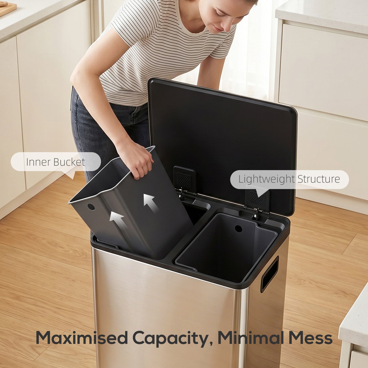 60L Dual Compartment Stainless Steel Bin, with Deodoriser Holders - Silver Tone