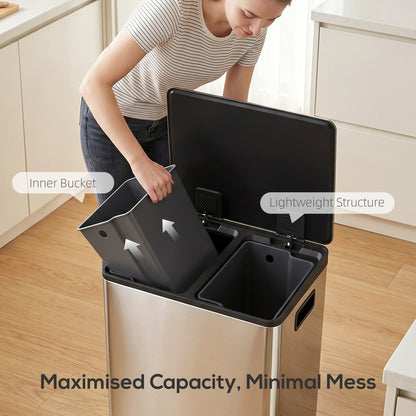 60L Dual Compartment Stainless Steel Bin, with Deodoriser Holders - Silver Tone