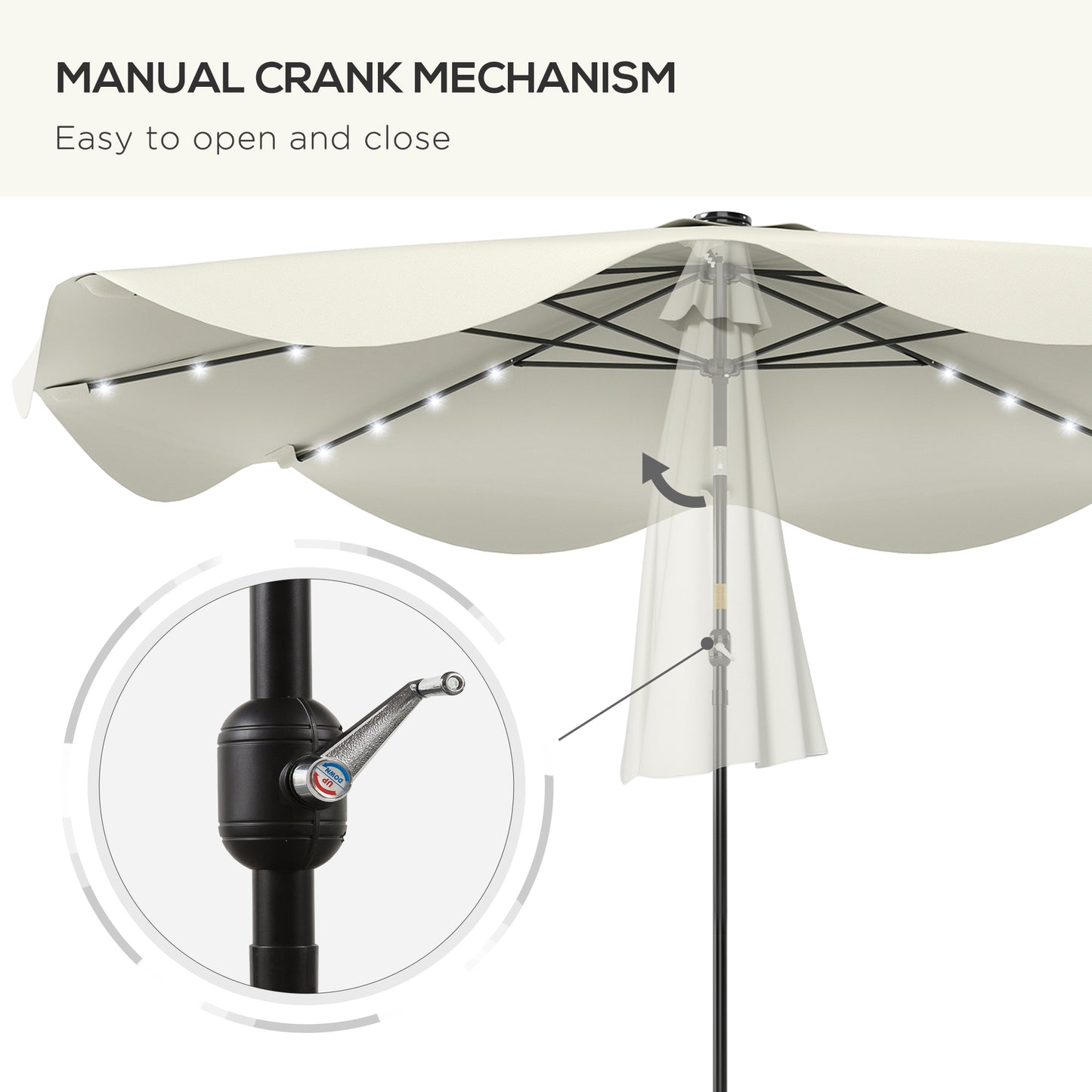 Solar Patio Umbrella with LED and Tilt, Outdoor Market Table Umbrella Parasol with Crank, 3 x 3 (m), Cream White