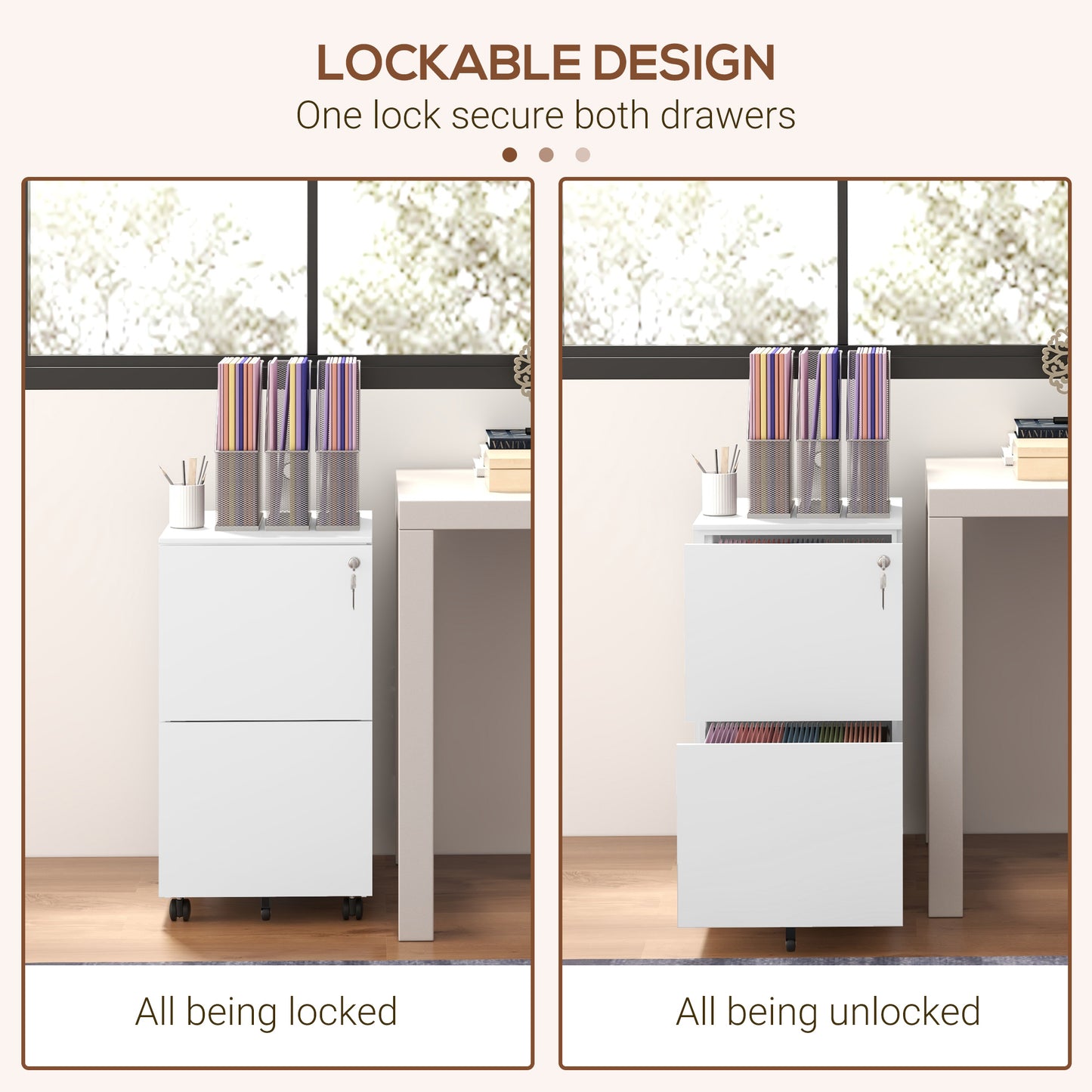 2-Drawer Filing Cabinet with Lock and 5 Wheels, Steel Mobile File Cabinet, for A4, Legal and Letter Size, Pre-Assembled Body