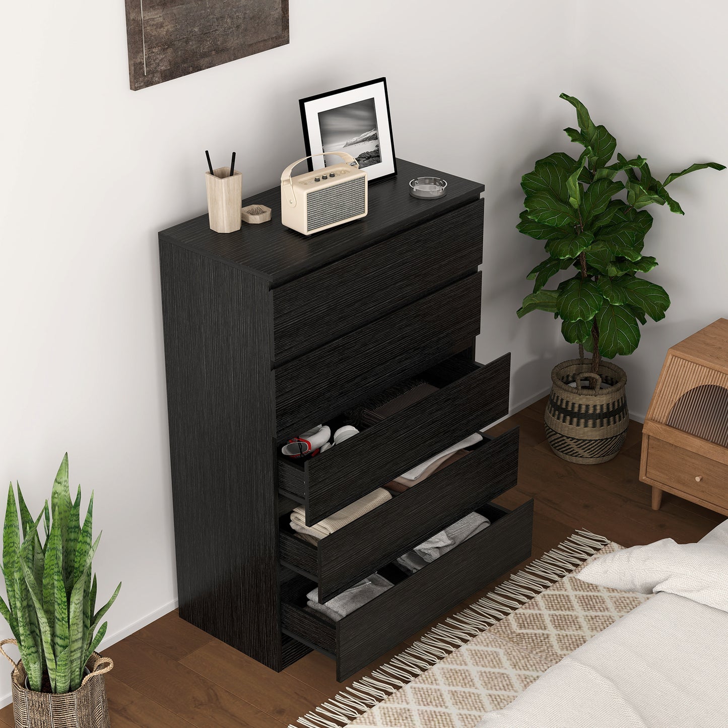 Chest of Drawers, 5 Drawer Dresser, Modern Storage Cabinet with 5 Drawers, for Bedroom, Living Room, Black