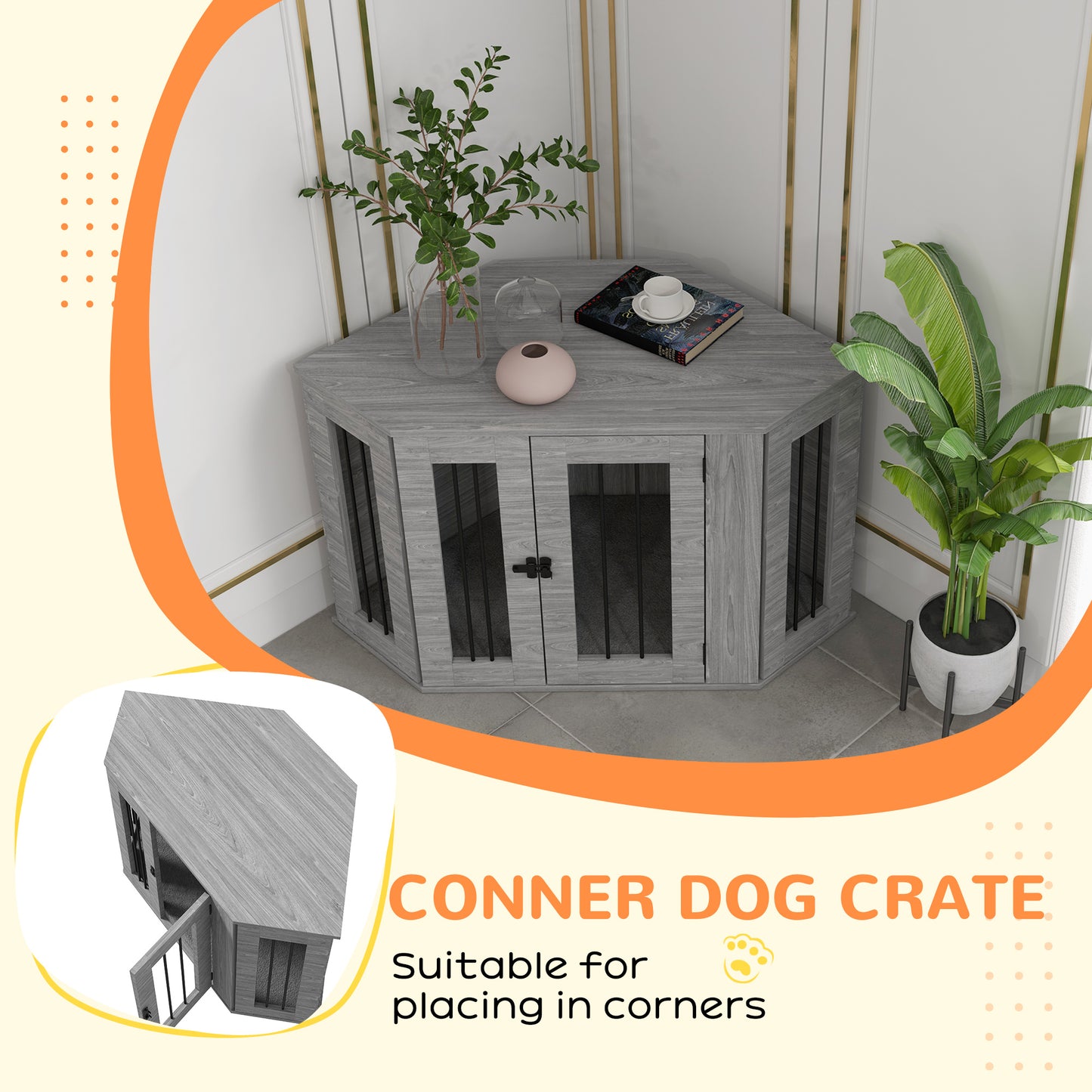 2 in 1 Dog Crate Furniture Side Table with Cushion for Medium Dogs, 104 x 55 x 63cm - Grey