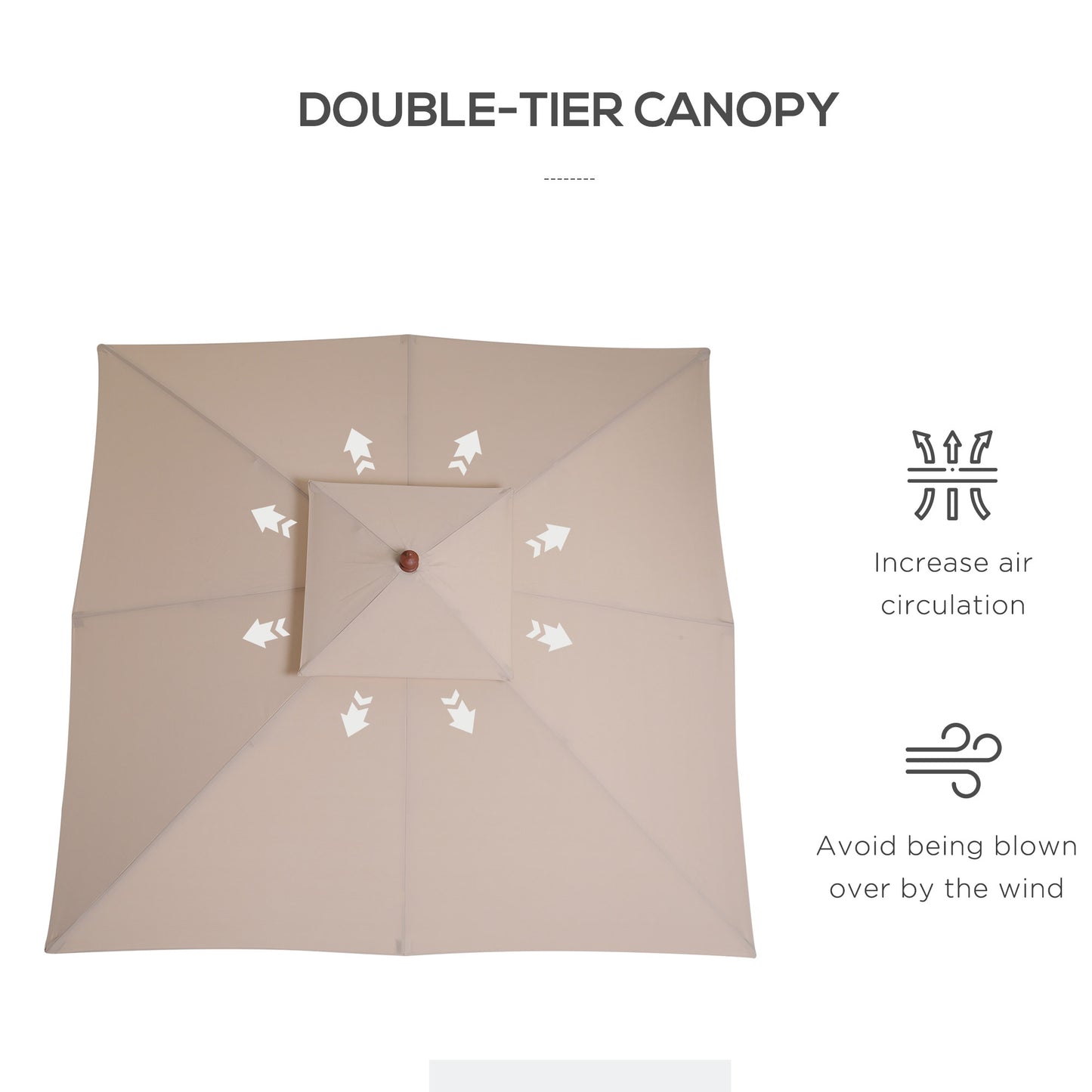 3 x 3 metre Patio Parasol Garden Umbrellas Sunshade Outdoor Wooden Parasol Canopy Double Tier, Beige, BASE NOT INCLUDED