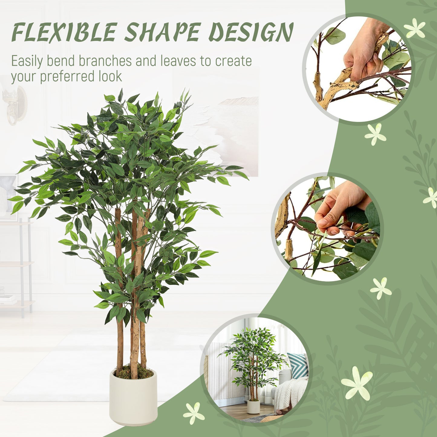 120cm Artificial Ficus Tree, Fake Potted Tree with Solid Wood Trunk and Pot for Indoor, Green