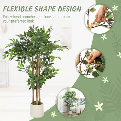120cm Artificial Ficus Tree, Fake Potted Tree with Solid Wood Trunk and Pot for Indoor, Green