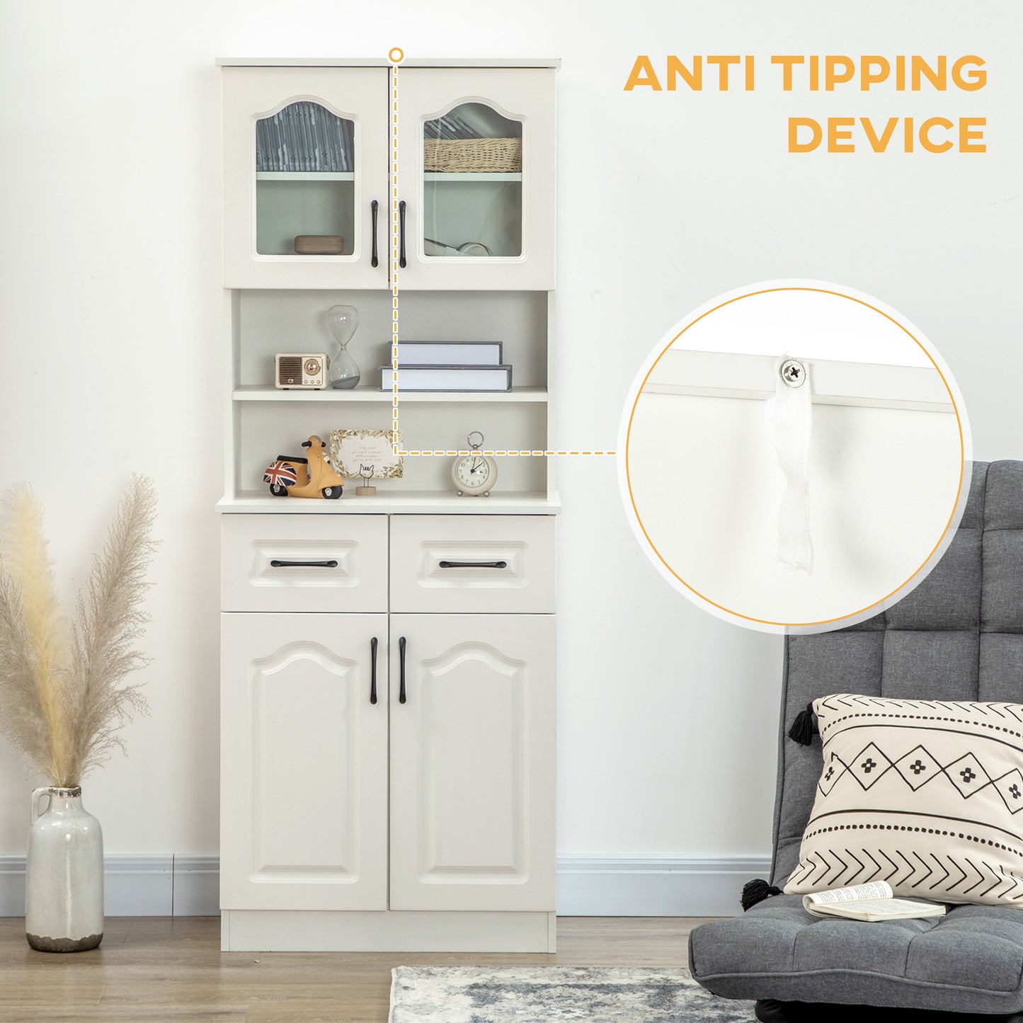 Kitchen Cupboard, Freestanding Storage Cabinet with 2 Adjustable Shelves, 2 Drawers and Open Counter for Living Room
