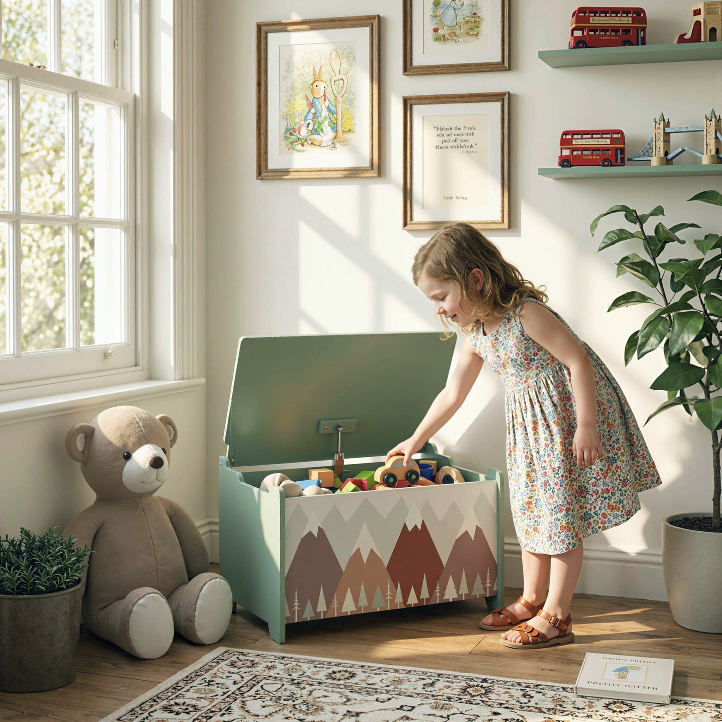 ZONEKIZ Toy Box, Kids Storage Chest, with Lid, Safety Hinge - Green