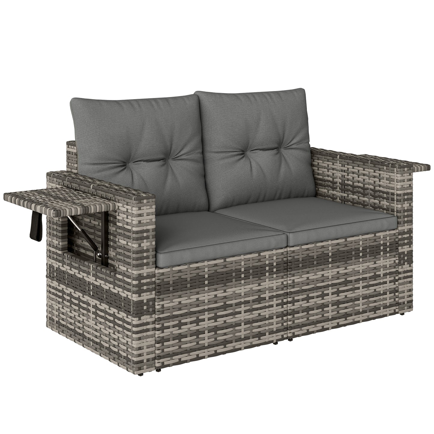 2 Seater Rattan Garden Sofa Outdoor Loveseat with Hidden Side Trays and Cushions for Patio Balcony, Dark Grey