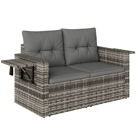 2 Seater Rattan Garden Sofa Outdoor Loveseat with Hidden Side Trays and Cushions for Patio Balcony, Dark Grey