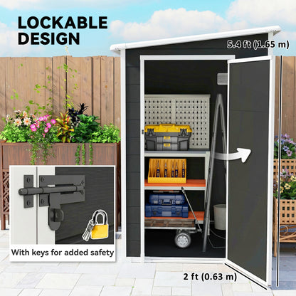 4 x 5FT Garden Storage Shed, Lean to Shed, Lockable Garden Shed with Window, Vent and Plastic Roof, Black