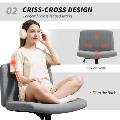 Armless Office Chair No Wheels, Linen Fabric Criss Cross Legged Desk Chair with Wide Seat, Thick Padding, Tilt Function