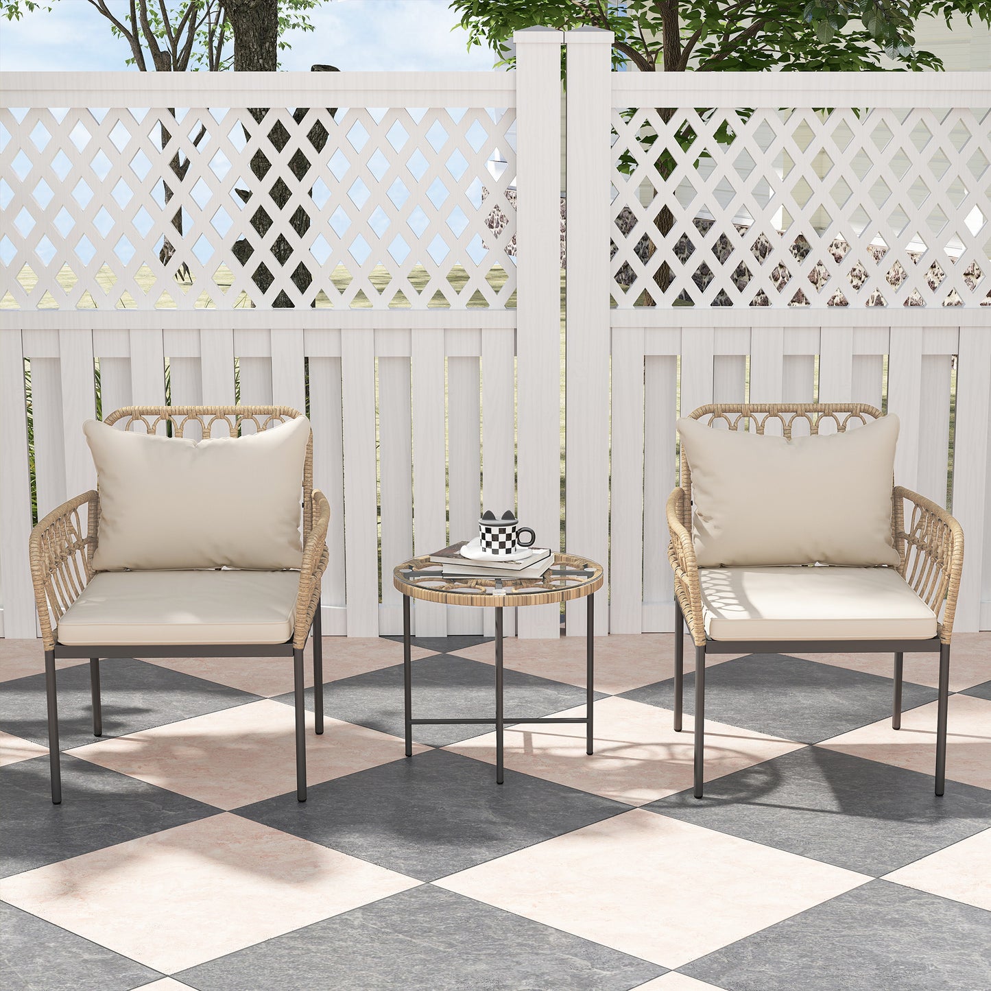 3 Piece Rattan Bistro Set, Wicker Garden Furniture Set with Cushions, Glass Top Coffee Table and Chairs for Outdoor, Patio