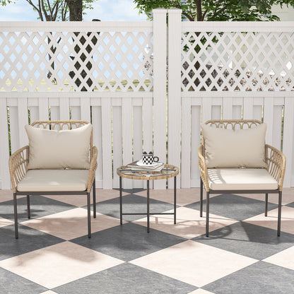 3 Piece Rattan Bistro Set, Wicker Garden Furniture Set with Cushions, Glass Top Coffee Table and Chairs for Outdoor, Patio