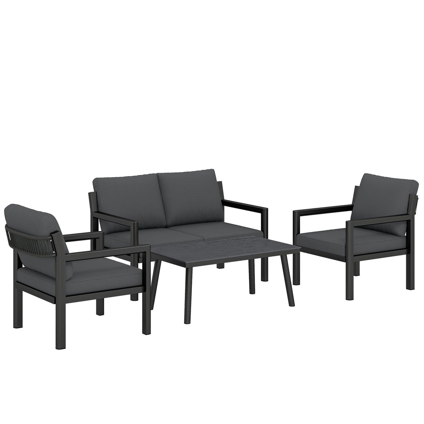 4 Seater Rattan Garden Furniture Set with 2 Armchairs, Loveseat, Coffee Table, Dark Grey