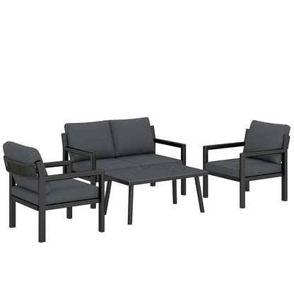 4 Seater Rattan Garden Furniture Set with 2 Armchairs, Loveseat, Coffee Table, Dark Grey