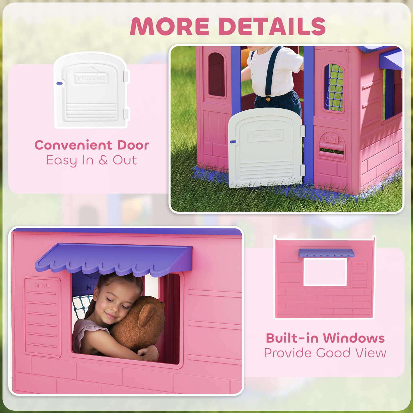 5-in-1 Playhouse for Kids Outdoor Indoor with Basketball Hoop, Football Goal, Dartboard, Ring Toss for 2-5 Years, Pink