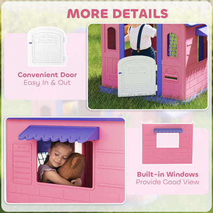 5-in-1 Playhouse for Kids Outdoor Indoor with Basketball Hoop, Football Goal, Dartboard, Ring Toss for 2-5 Years, Pink