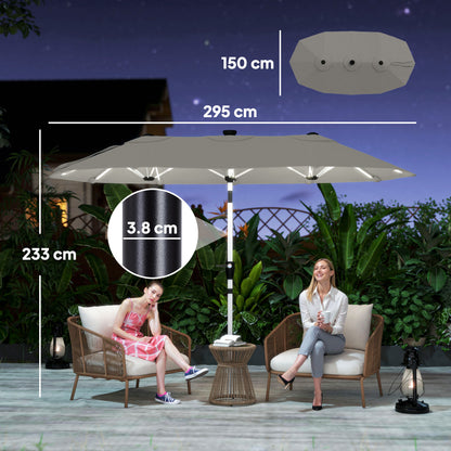 3 m Double-Sided Garden Parasol with LED Solar Lights, Tilt, Outdoor Extra Large Sun Umbrella with Crank Handle, Grey