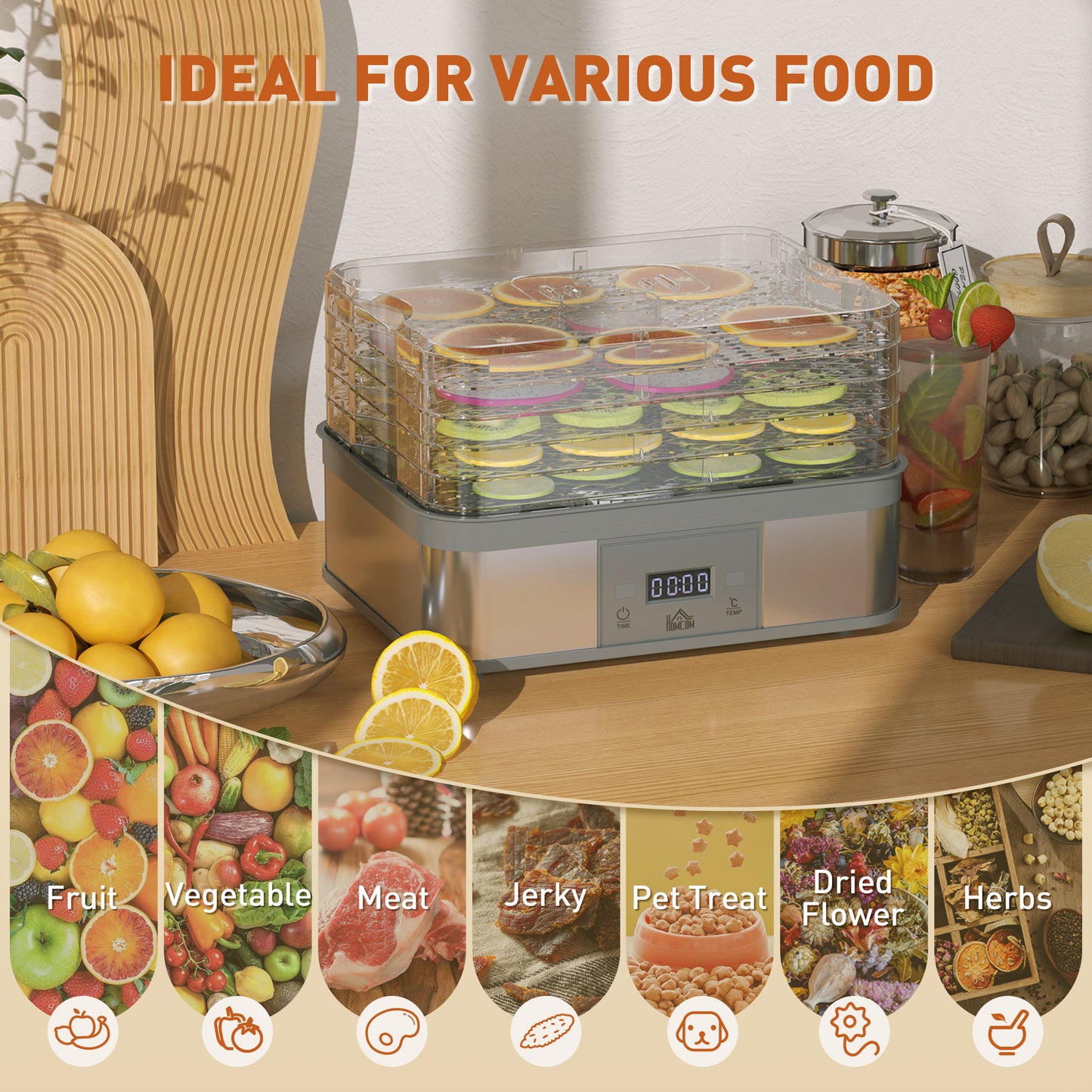 5 Tier Food Dehydrator, 245W Stainless Steel Food Dryer Machine with Adjustable Temperature
