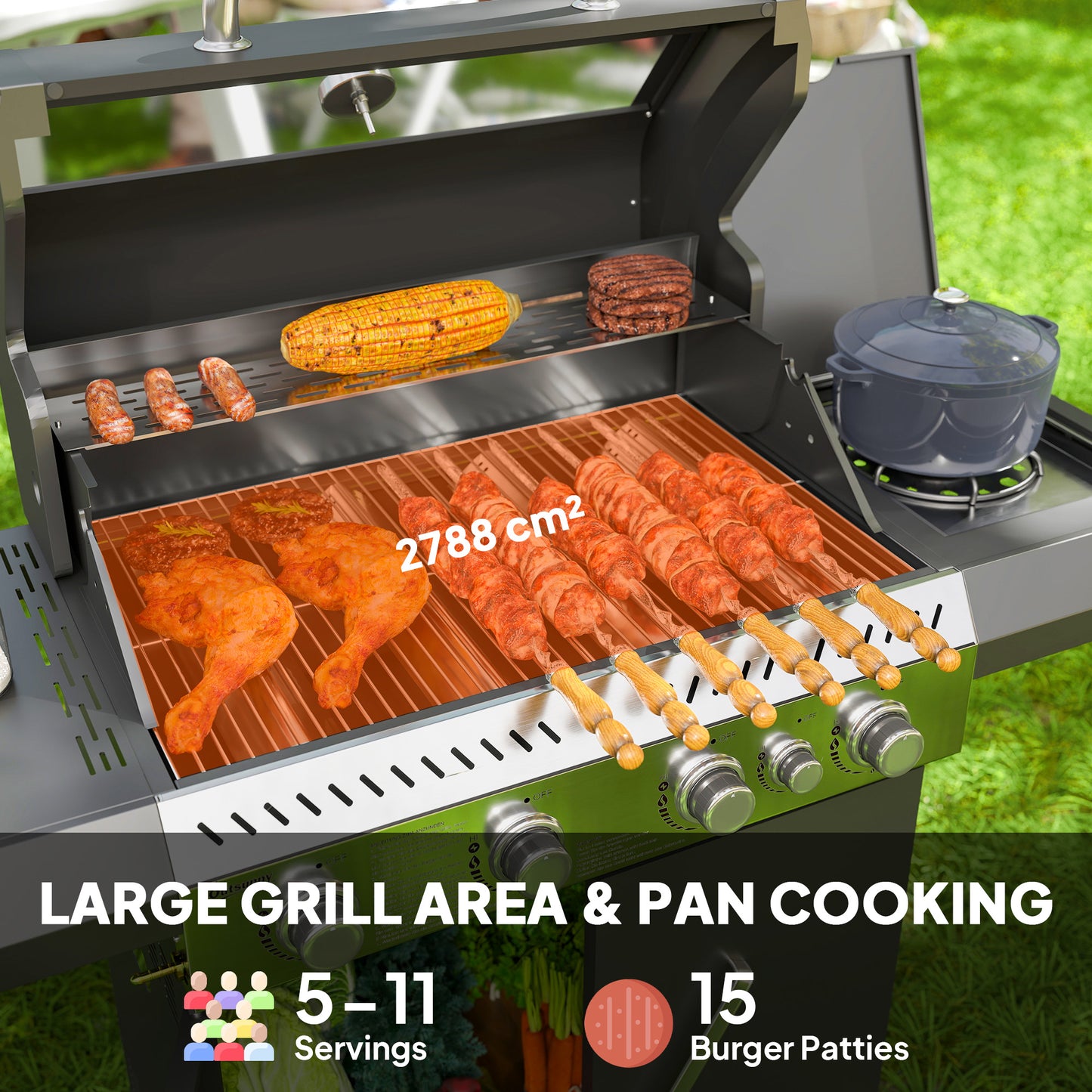 4+1 Burner Gas BBQ Grill with Clear View Lid, Portable Gas Barbecue Grill with Built-in Thermometer, Side Table, Cabinet