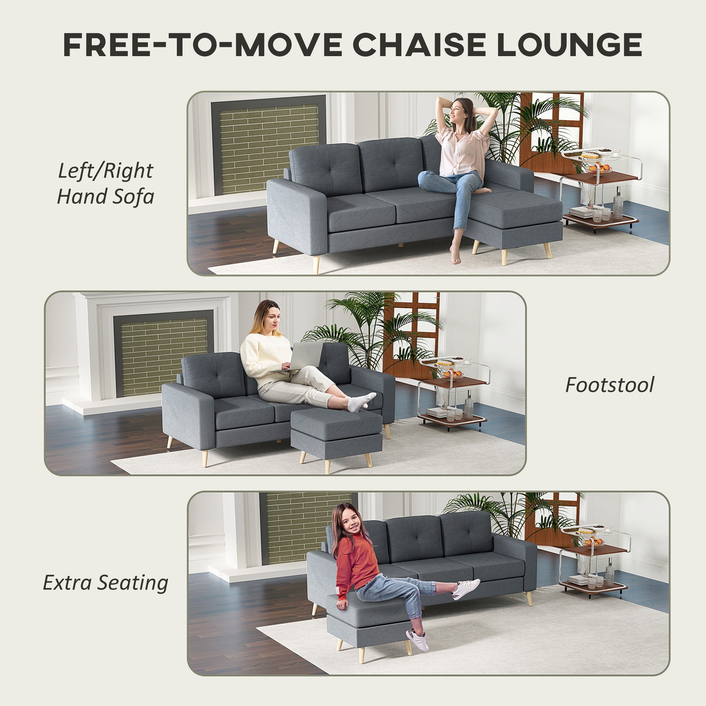 3 Seater Sofa with Footstool, Fabric L-Shaped Sofa, Sectional Couch with Wood Legs, Tufting Cushioned Back for Small Space