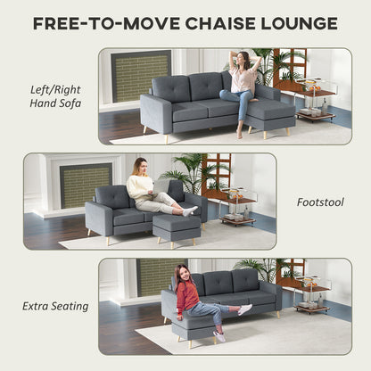 3 Seater Sofa with Footstool, Fabric L-Shaped Sofa, Sectional Couch with Wood Legs, Tufting Cushioned Back for Small Space