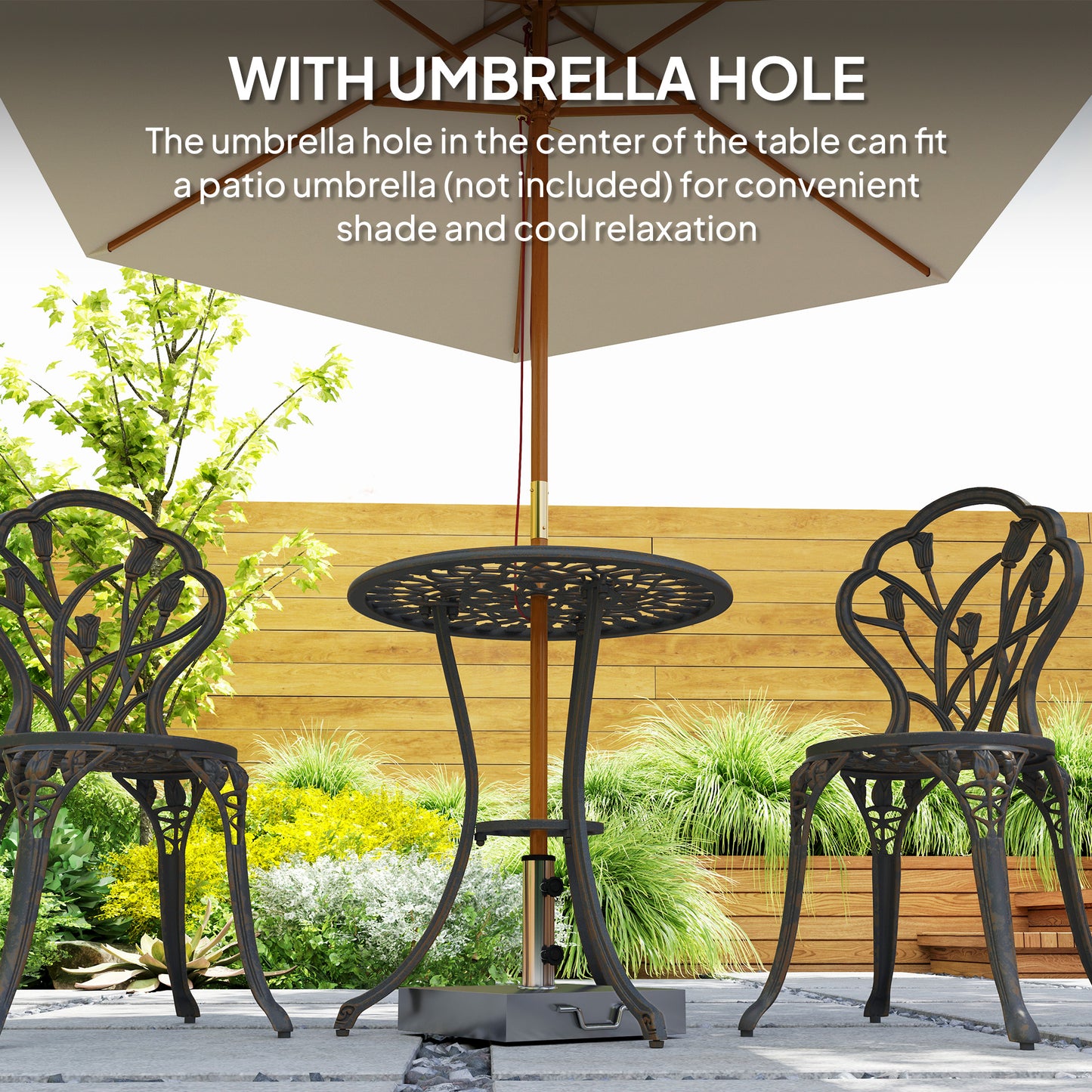 3 Piece Patio Bistro Set for 2, Outdoor Aluminium Garden Table and Chairs with Umbrella Hole for Balcony, Bronze Tone