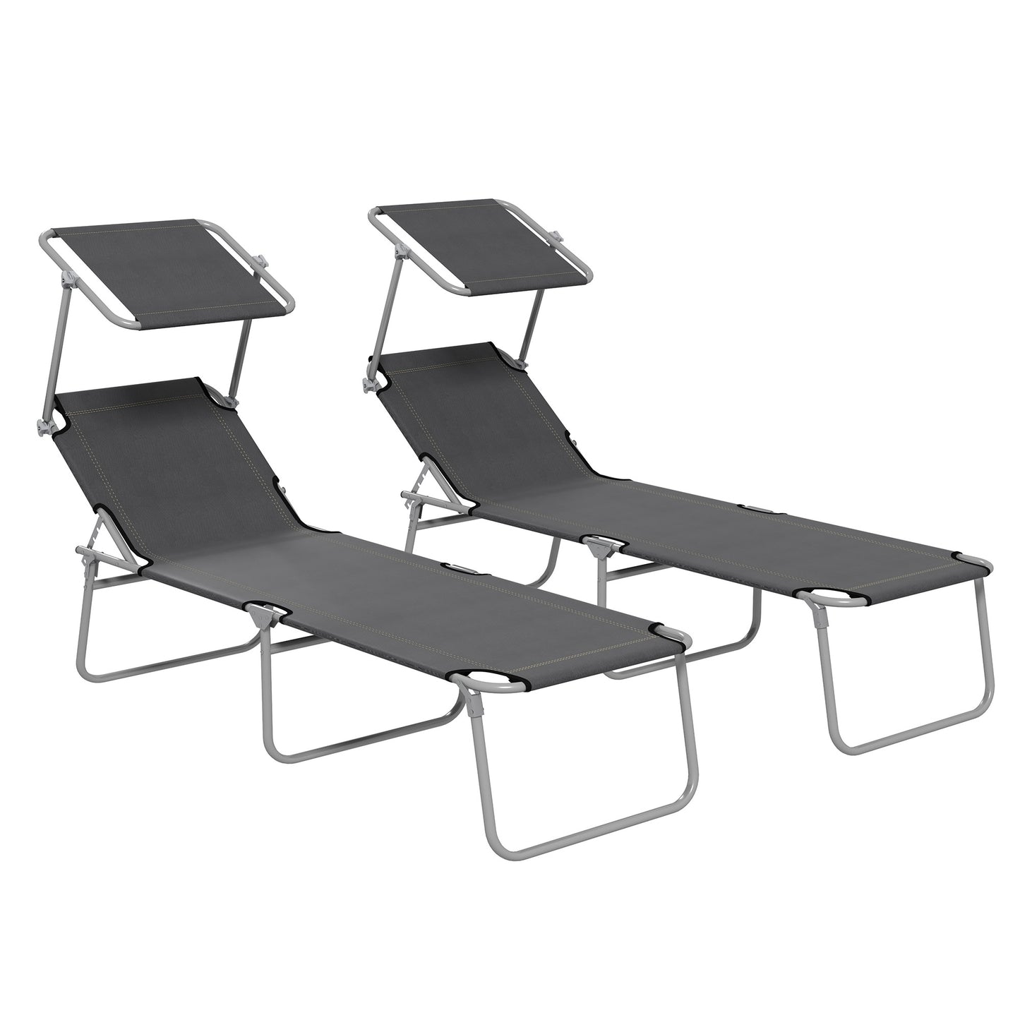Folding Sun Lounger Set of 2 with Canopy, Reclining Sunbed with 4-Position Adjustable Backrest, 600D Oxford Cloth