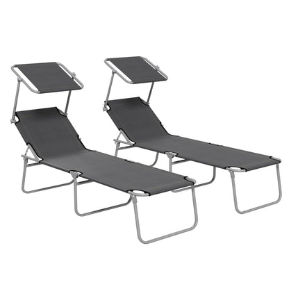 Folding Sun Lounger Set of 2 with Canopy, Reclining Sunbed with 4-Position Adjustable Backrest, 600D Oxford Cloth