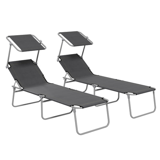 Folding Sun Lounger Set of 2 with Canopy, Reclining Sunbed with 4-Position Adjustable Backrest, 600D Oxford Cloth