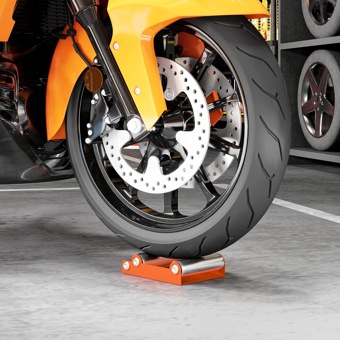 Motorcycle Wheel Cleaning Roller Stand with Steel Frame, Aluminium Rollers